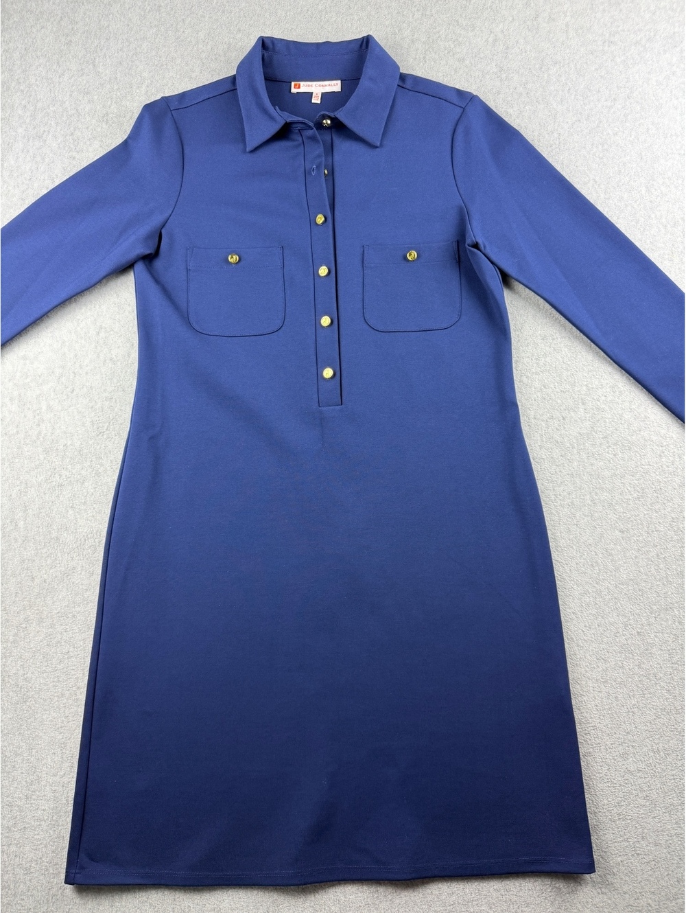 Jude Connally Dress Womens S Navy Blue Sloane Ponte Gold Button Shirt Dress USA